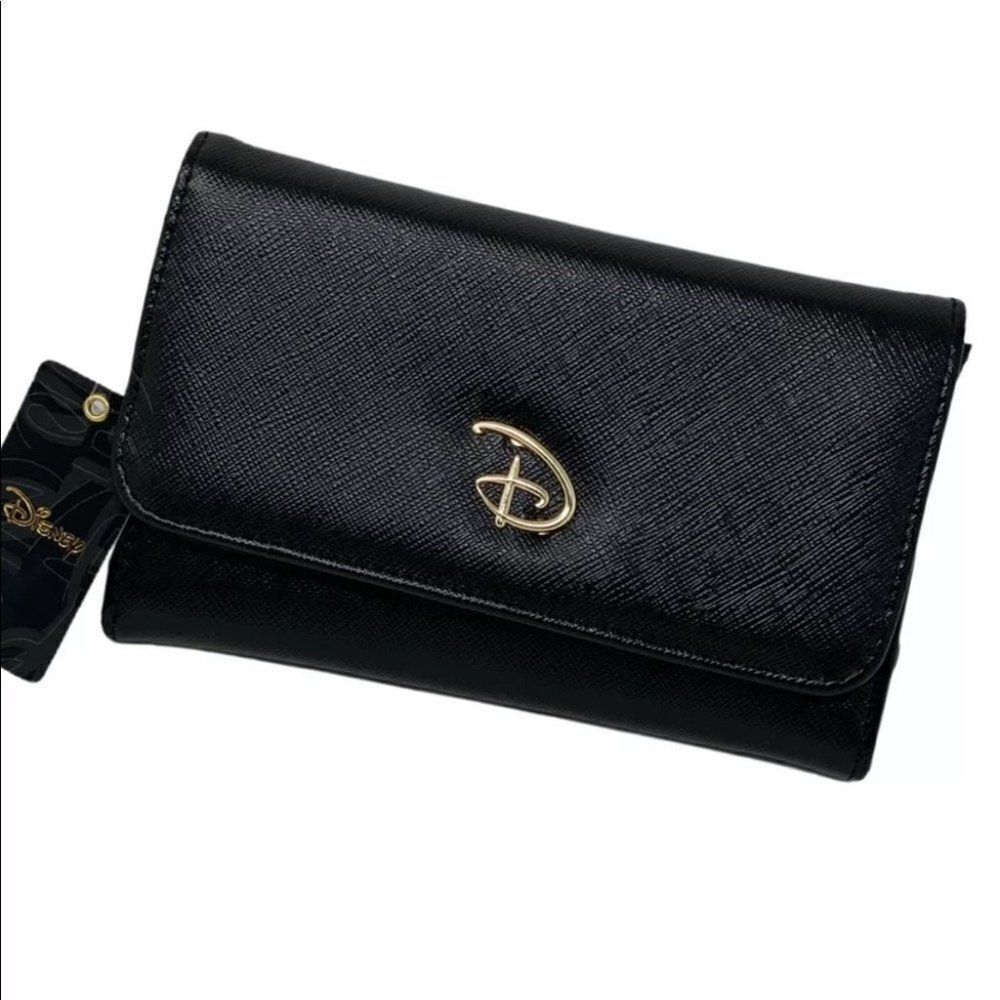 Disney Signature D Logo Black Fold Over‎ Sleek Clutch Purse Buckle Down Gold